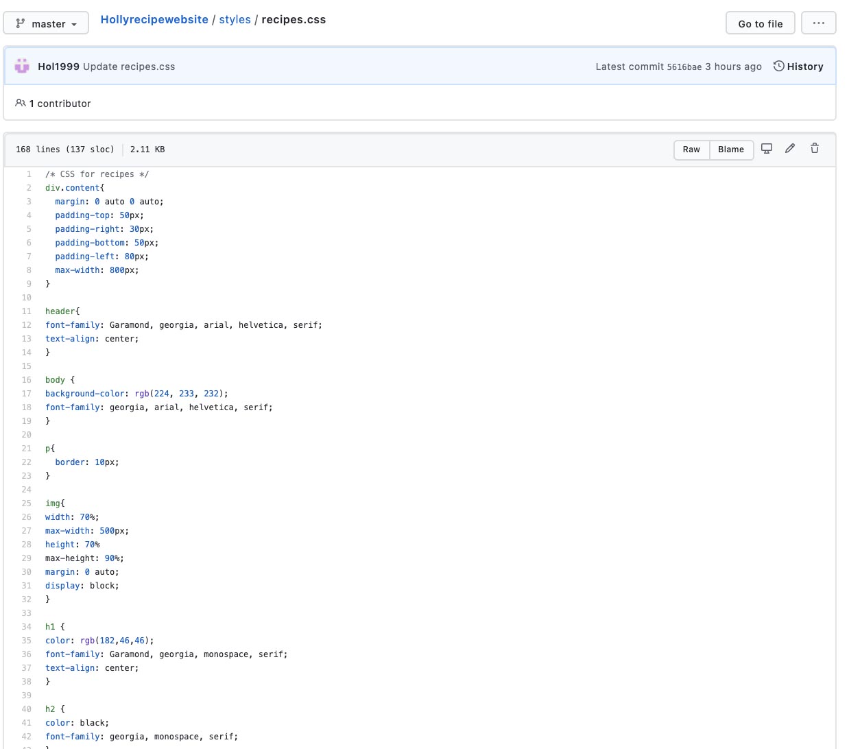 A screenshot of the allrecipes page on tornbetween's GitHub recipe.CSS