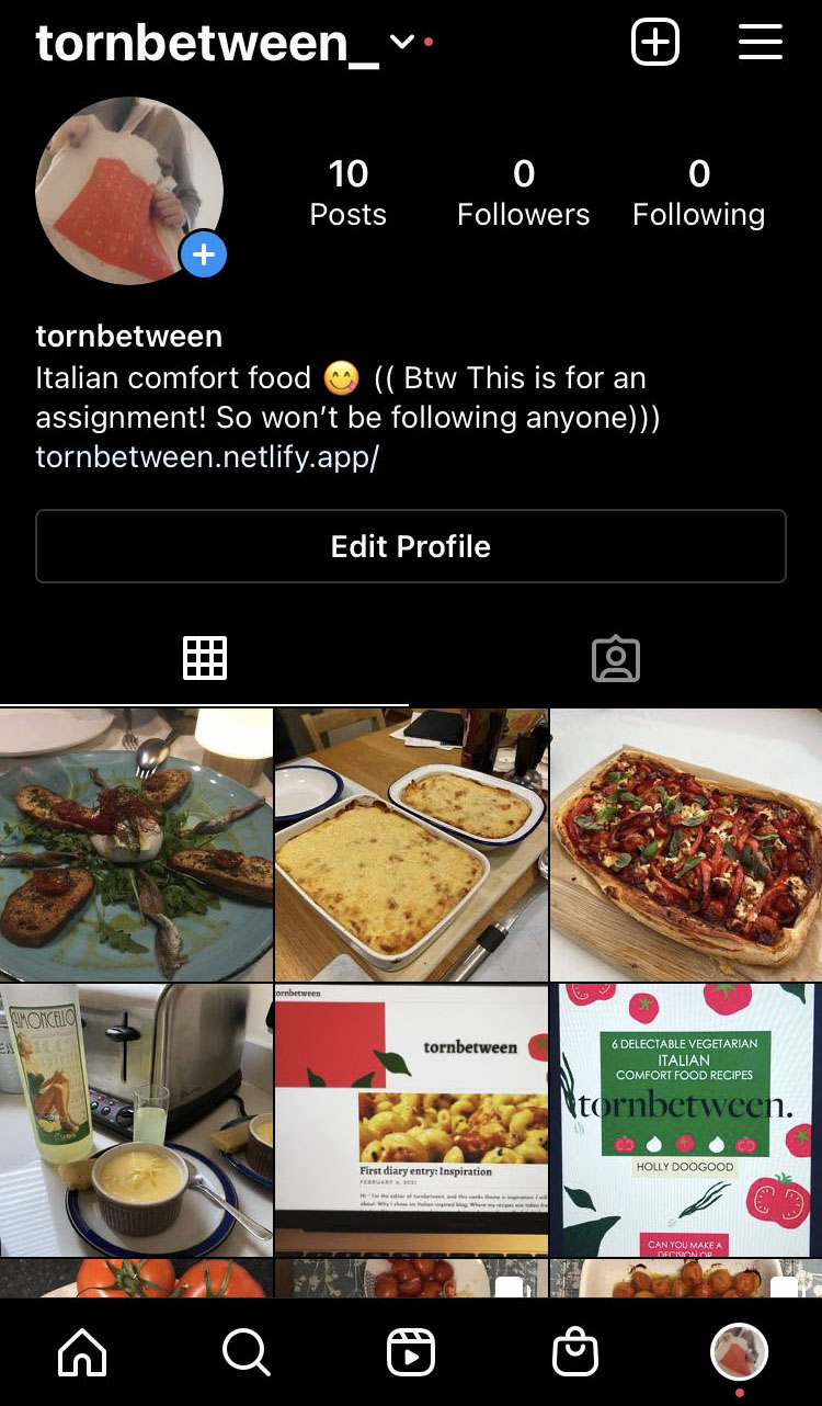 A picture of tornbetween's Instagram page: with images of food and the eBook cover